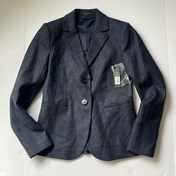 Theory NWT Zaylin Blazer Fern Virgin Wool Blue Multi 2 Button Size 00 - Picture 3 of 12